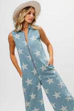 Load image into Gallery viewer, BiBi Star Print Half Zip Sleeveless Denim Jumpsuit