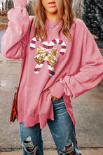 Load image into Gallery viewer, Sequin Candy Cane Round Neck Slit Sweatshirt