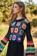 Load image into Gallery viewer, Floral Crochet Striped Sleeve Cropped Knit Sweater