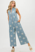 Load image into Gallery viewer, BiBi Star Print Half Zip Sleeveless Denim Jumpsuit