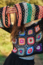 Load image into Gallery viewer, Floral Crochet Striped Sleeve Cropped Knit Sweater