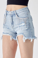 Load image into Gallery viewer, RISEN Frayed Hem Denim Shorts with Fringe Detail Pockets