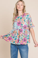 Load image into Gallery viewer, BOMBOM Floral Round Neck Short Sleeve Blouse