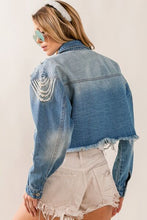 Load image into Gallery viewer, BiBi Pearl Detail Distressed Cropped Denim Jacket