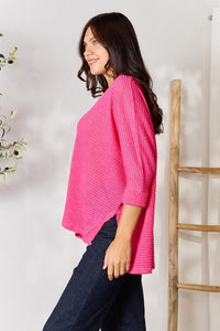 Zenana Full Size Round Neck High-Low Slit Knit Top